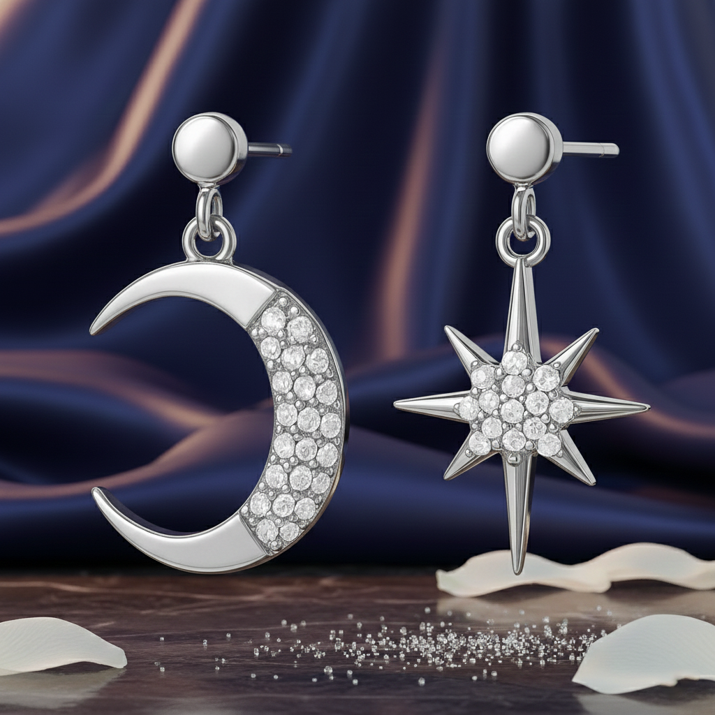 Boucles d’oreilles asymétriques Lune & Étoile – Argent Rhodié & Zirconium Blanc