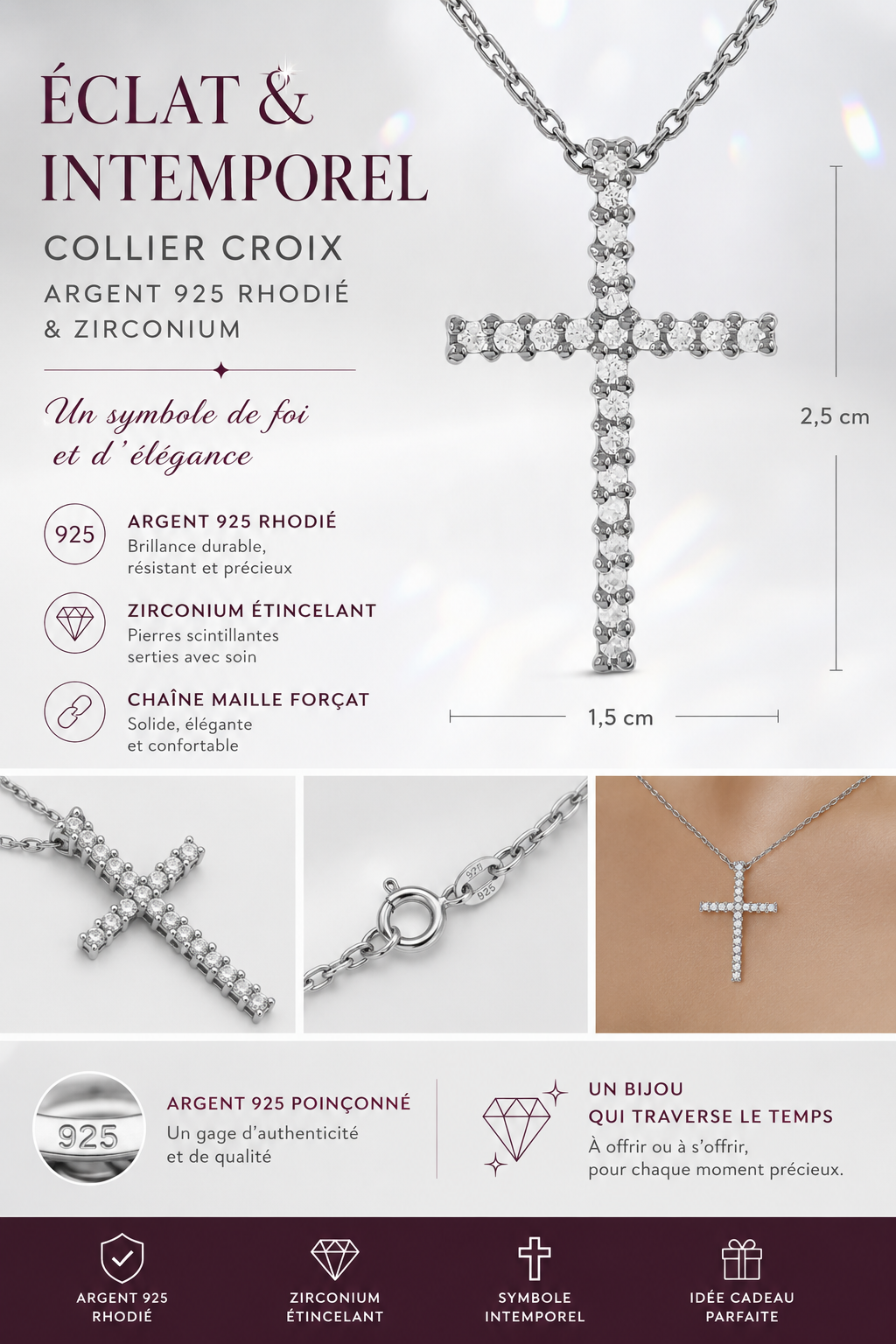 Collier Croix Orinae – Argent 925 Rhodié & Zirconiums