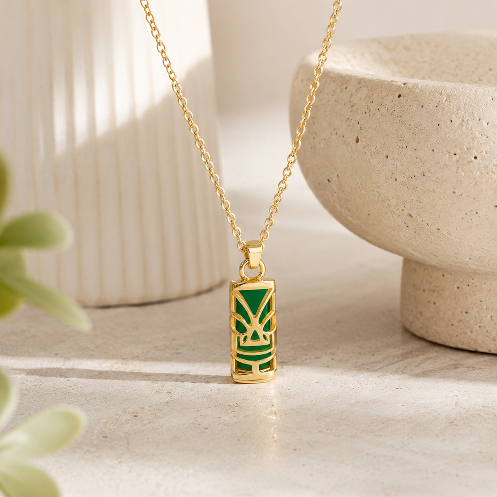 Collier Tiki en Plaqué Or 18 Carats & Agate Verte Naturelle
