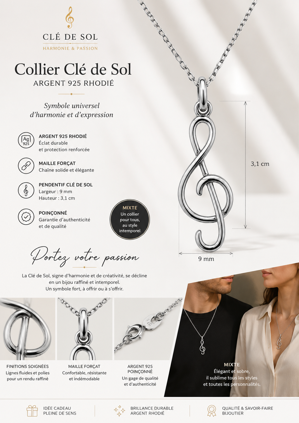 Collier Clé de Sol en Argent 925 Rhodié – Mixte