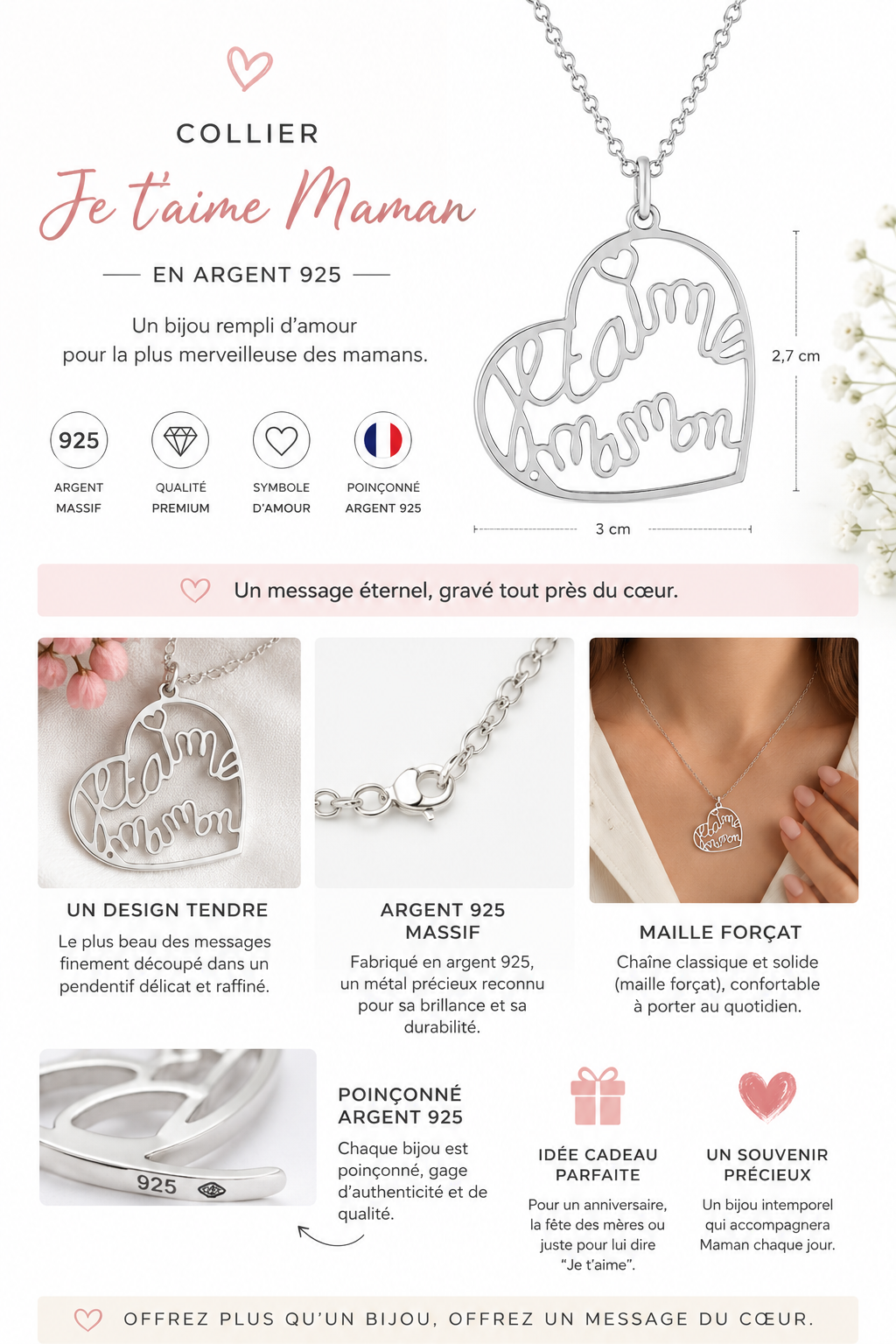 Collier Cœur "Je t'aime Maman" en Argent 925