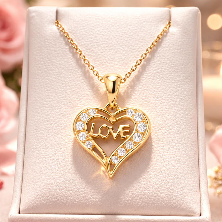 Collier Cœur LOVE – Plaqué Or 18 Carats & Zirconium