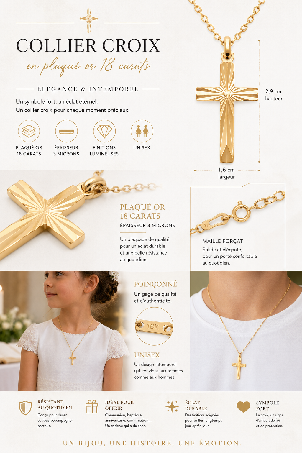 Collier Croix en Plaqué Or Jaune 18 Carats – Pendentif Gravé | Orinae