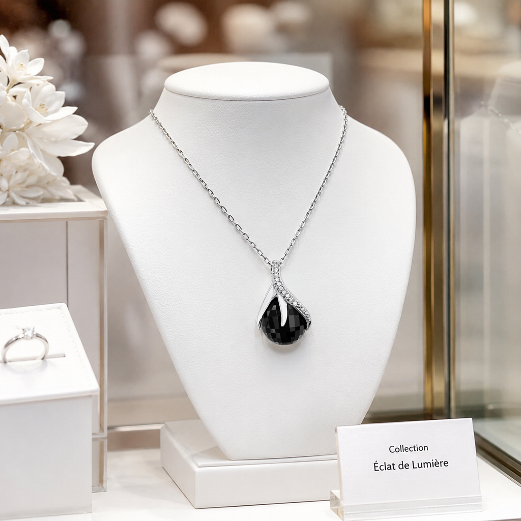 Collier Goutte Éclat Argent 925 Rhodié & Zirconium noir