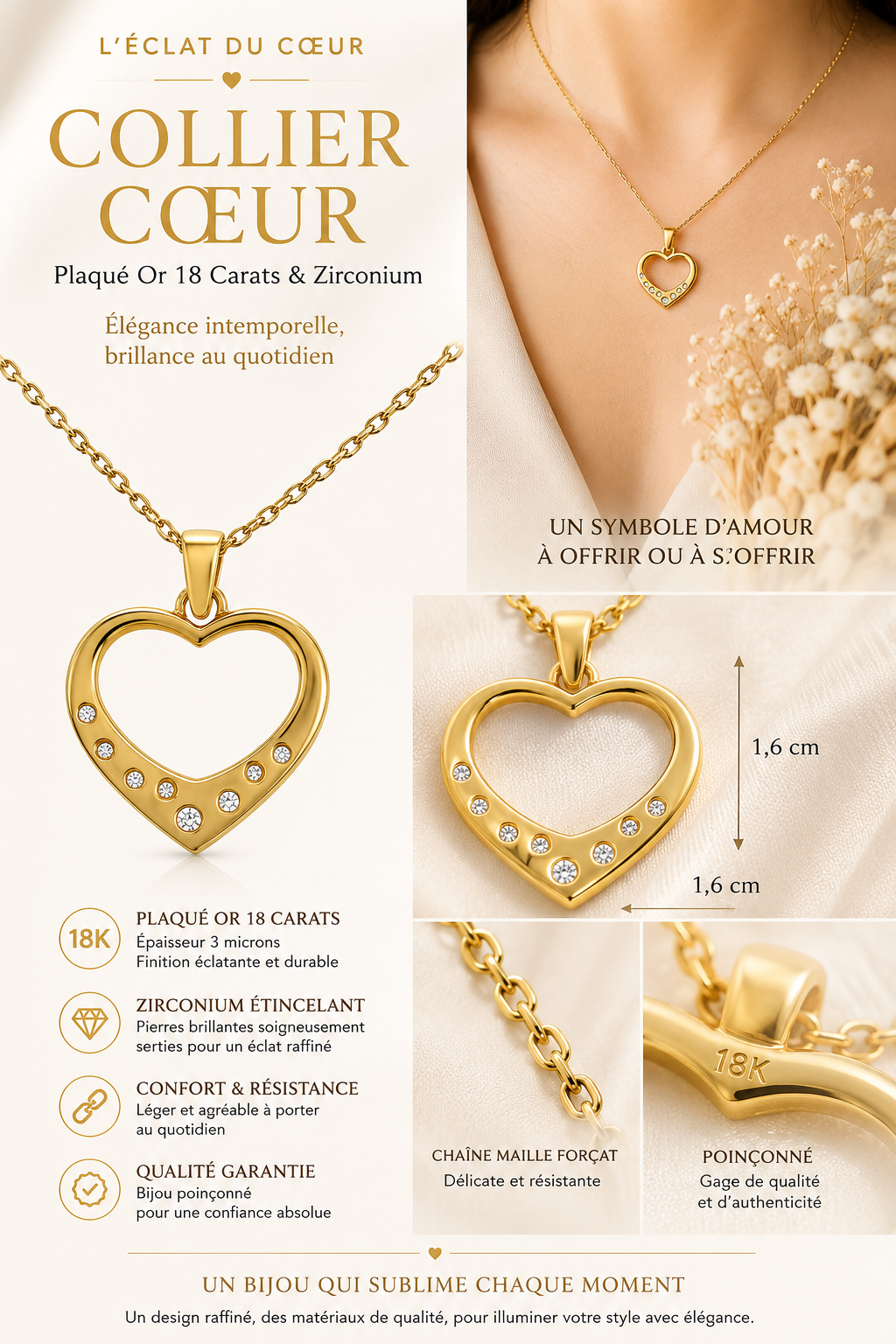 Collier Cœur Zirconia Plaqué Or Jaune 18 Carats