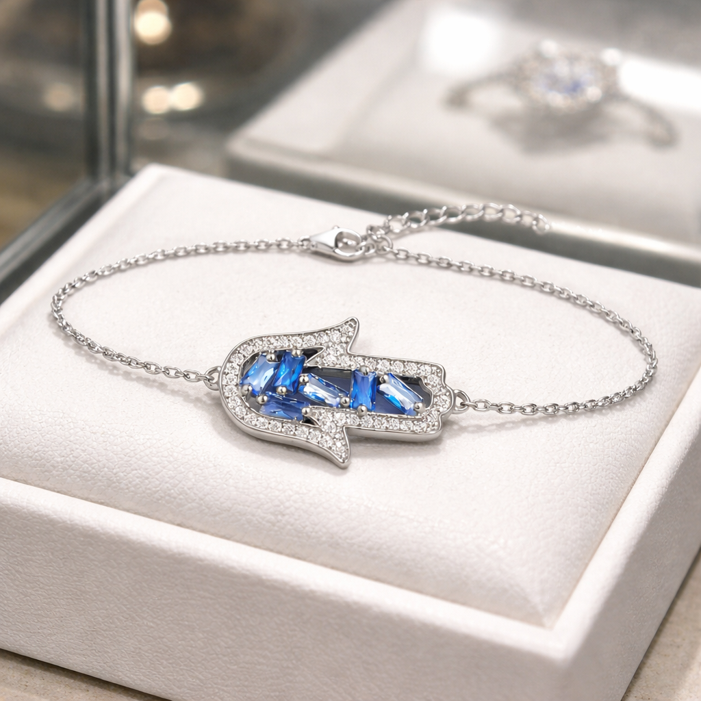 Bracelet Main de Fatma – Argent 925 & Zirconiums Bleus