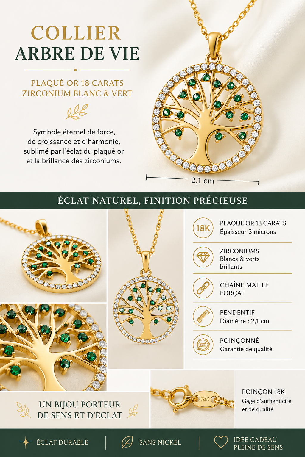 Collier Arbre de Vie – Plaqué Or Jaune 18 Carats & Zirconiums Verts et Blancs