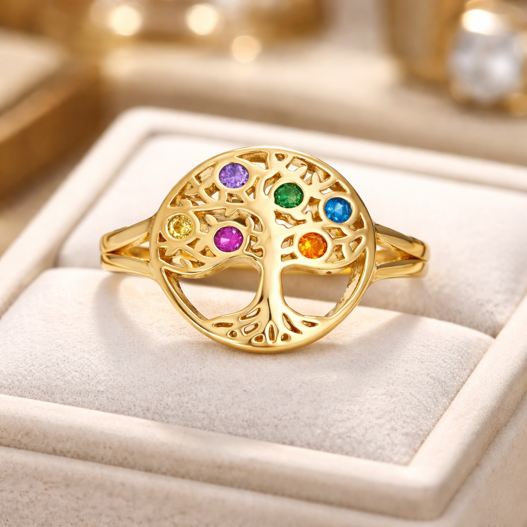 Bague Arbre de Vie – Plaqué Or 18 Carats & Zirconium Multicolore