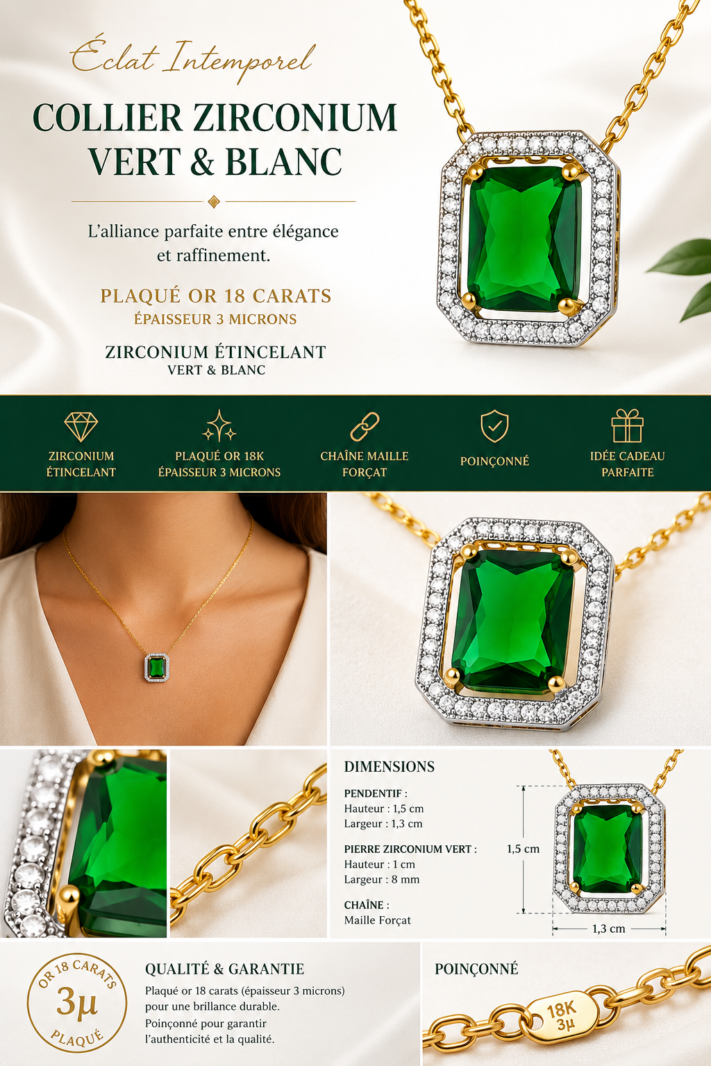 Collier Émeraude Royale – Plaqué Or Jaune 18 Carats