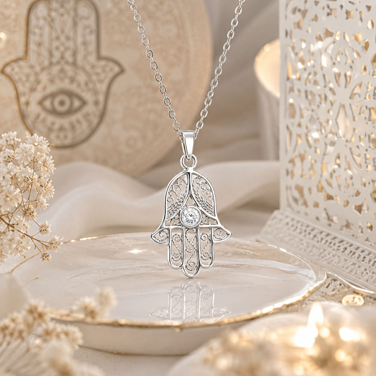 Collier Main de Fatma en Argent 925 Rhodié & Zirconium Blanc