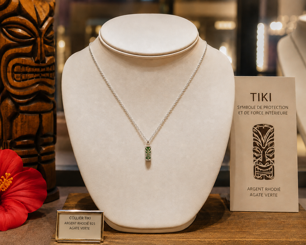 Collier petit Tiki en Argent 925 Rhodié & Agate Verte Naturelle – Unisexe