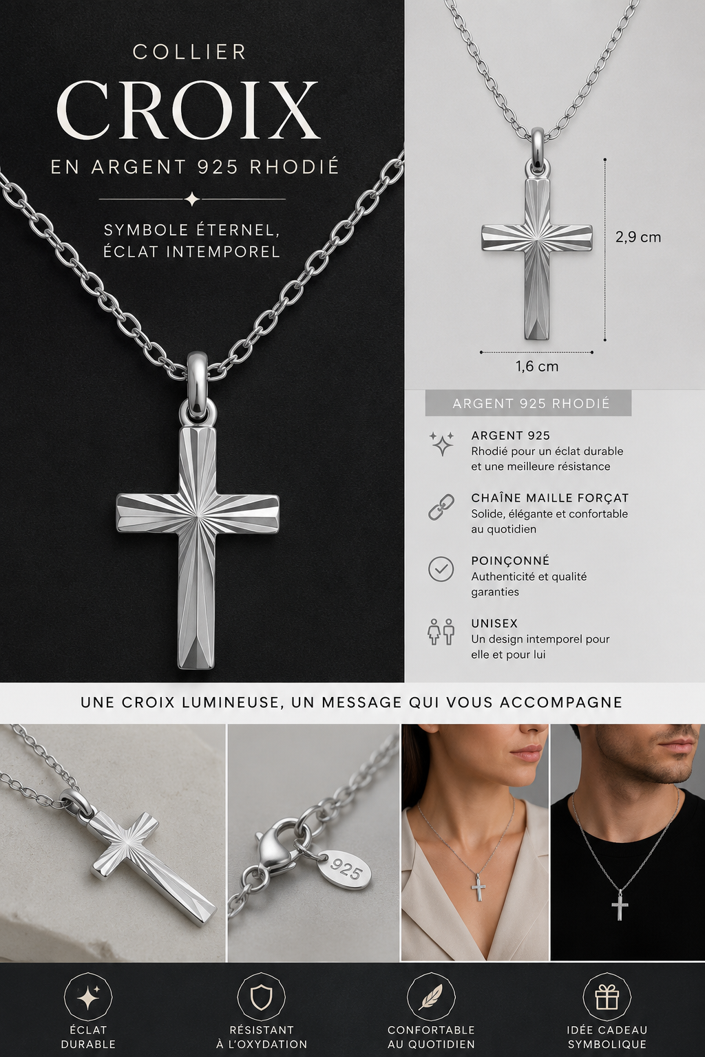 Collier Croix en Argent 925 Rhodié – Pendentif Gravé | Orinae