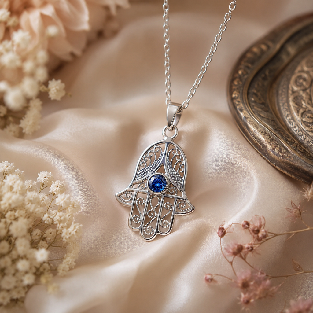 Collier Main de Fatma en Argent 925 Rhodié & Zirconium Bleu