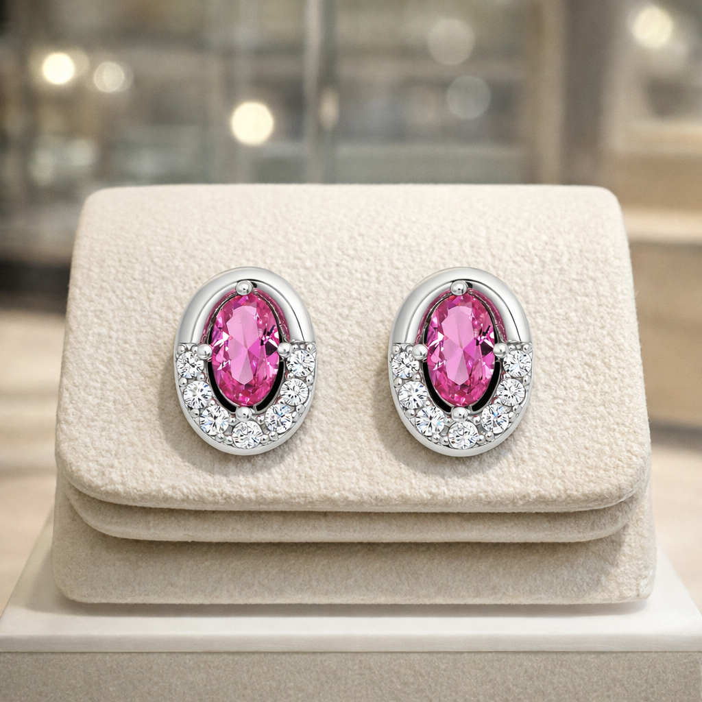 Boucles d’Oreilles Ovales Argent 925 Rhodié & Zirconium Rose