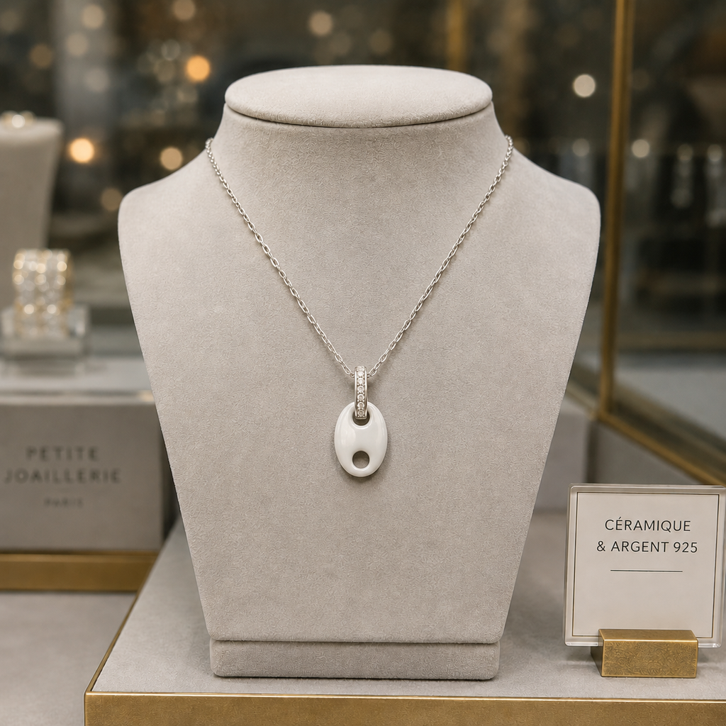 Collier Céramique Blanche & Argent 925 Rhodié