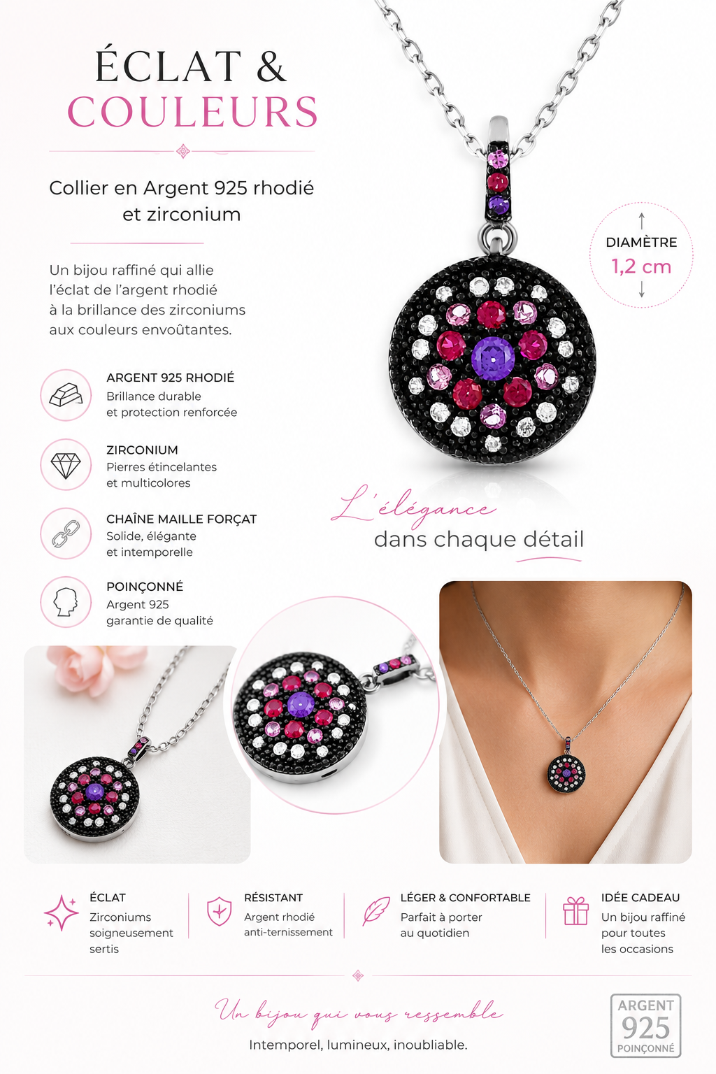 Collier Argent 925 Rhodié & Zirconiums Multicolores