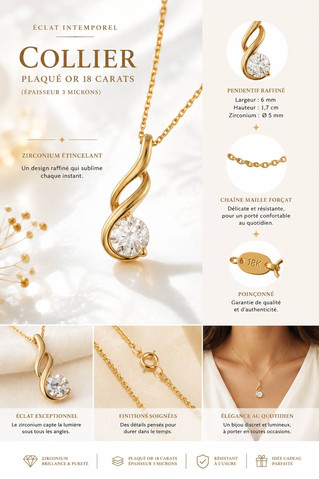 Collier Élégance – Plaqué Or Jaune 18 Carats & Zirconium