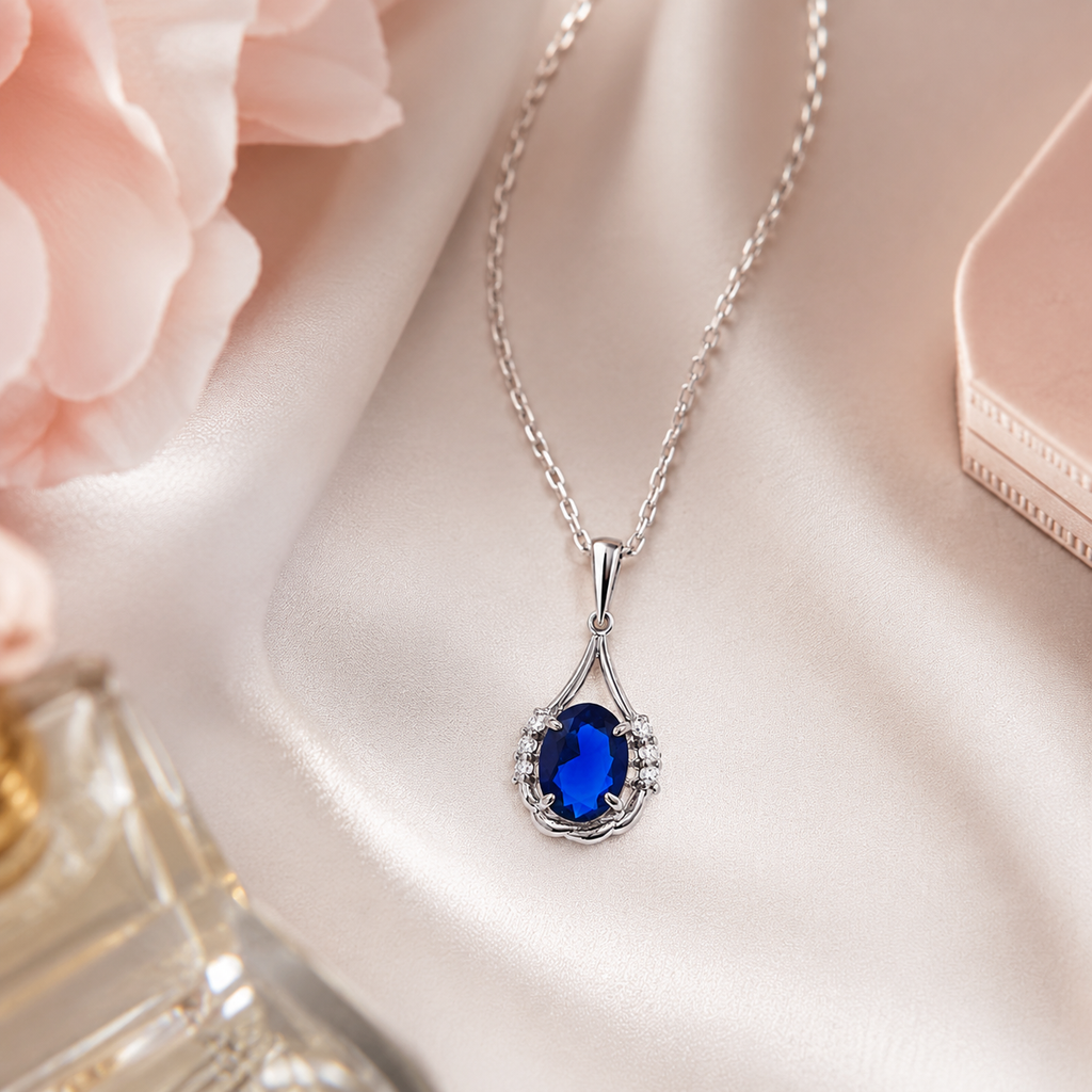 Collier Argent 925 Rhodié & Zirconiums Bleus et Blancs