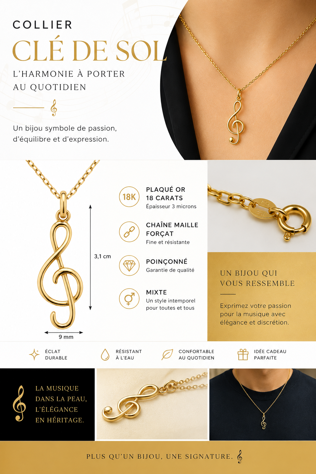 Collier Clé de Sol en Plaqué Or Jaune 18 Carats – Mixte