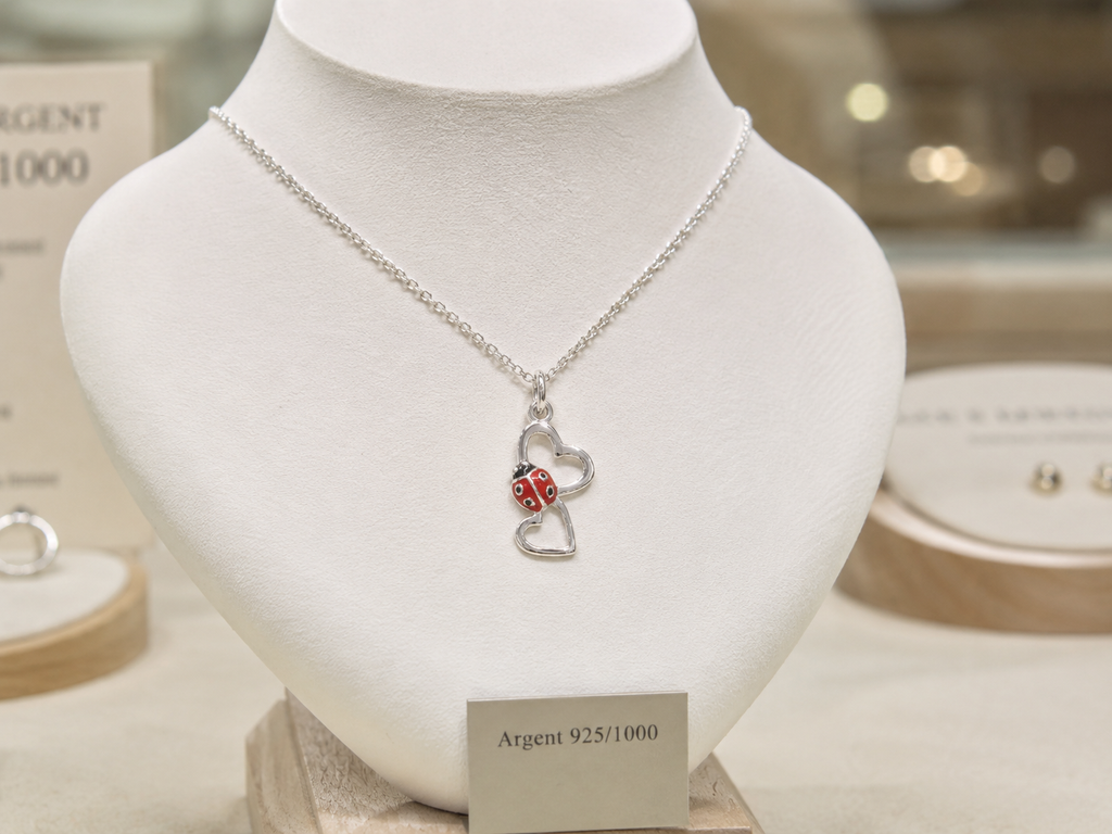 Collier Coccinelle 2 Cœurs en Argent 925 Rhodié & Laque Rouge