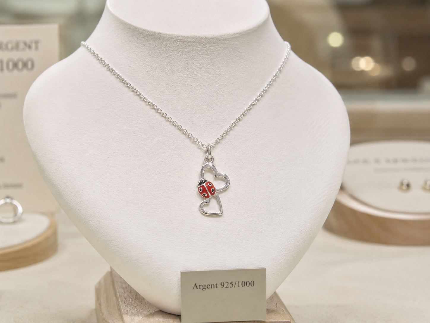Collier Coccinelle 2 Cœurs en Argent 925 Rhodié & Laque Rouge