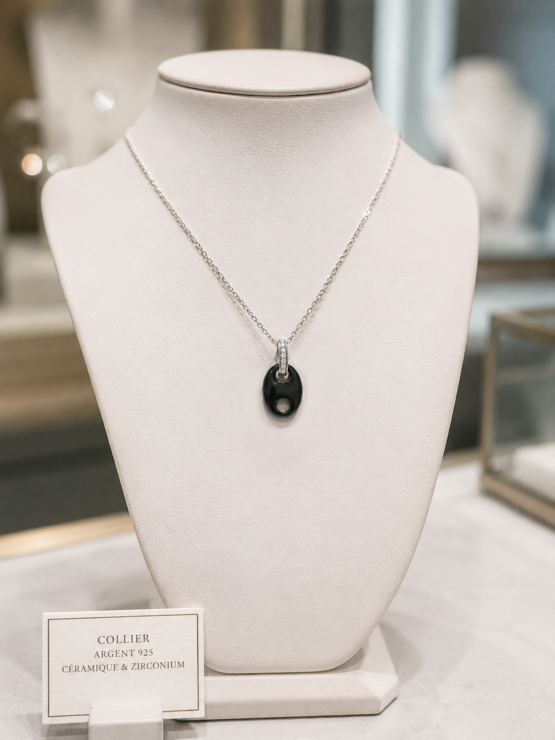 Collier Céramique Noire & Argent 925 Rhodié