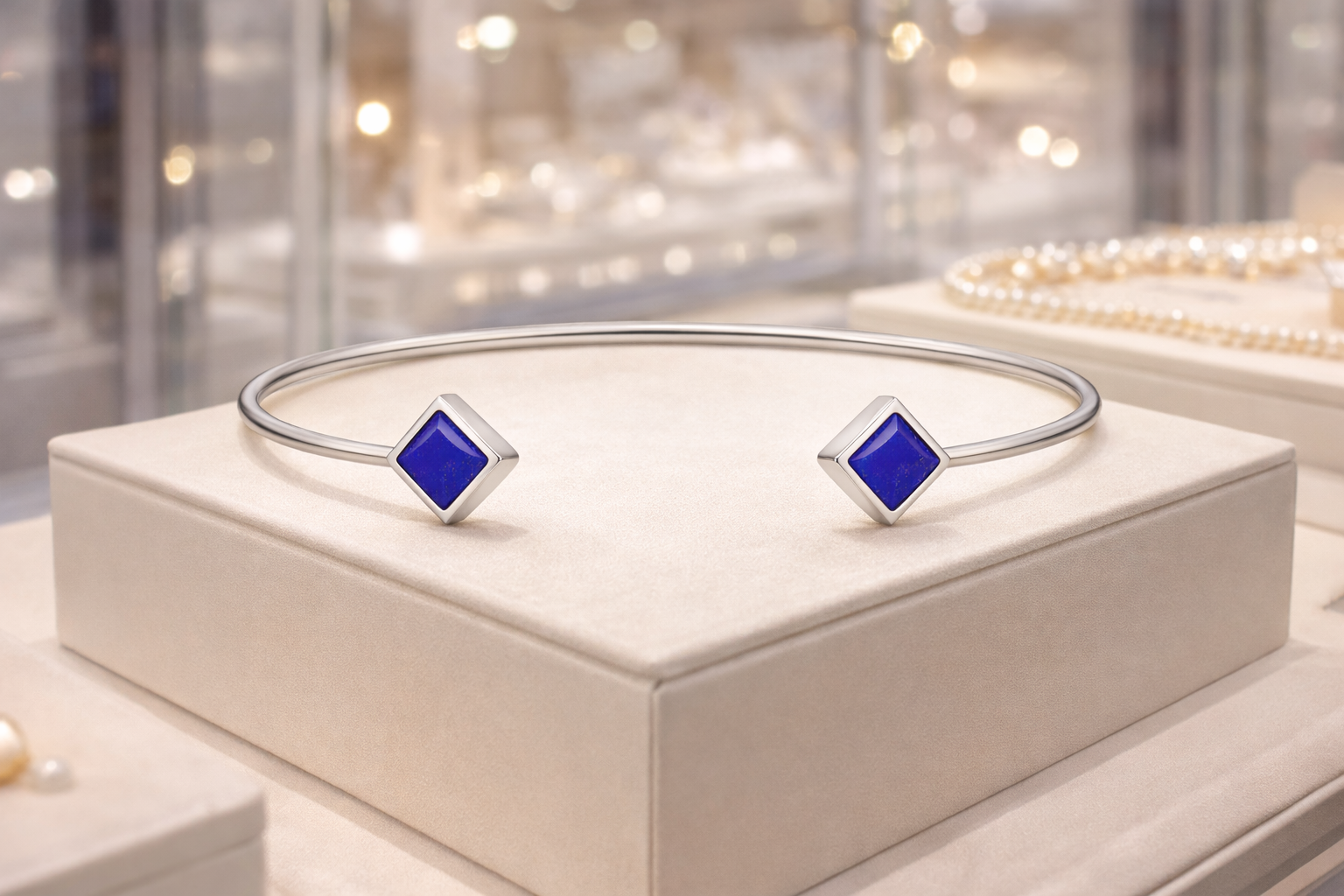 Bracelet Jonc Ouvert en Argent 925 Rhodié & Lapis Lazuli