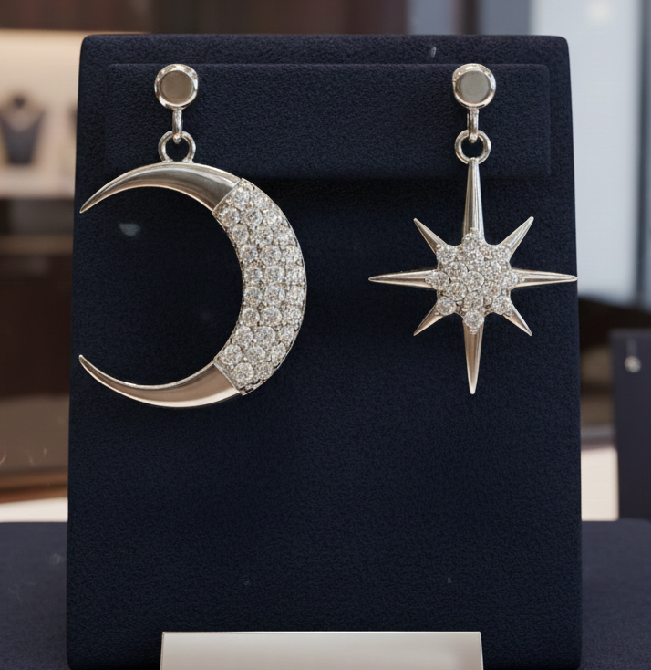 Boucles d’oreilles asymétriques Lune & Étoile – Argent Rhodié & Zirconium Blanc