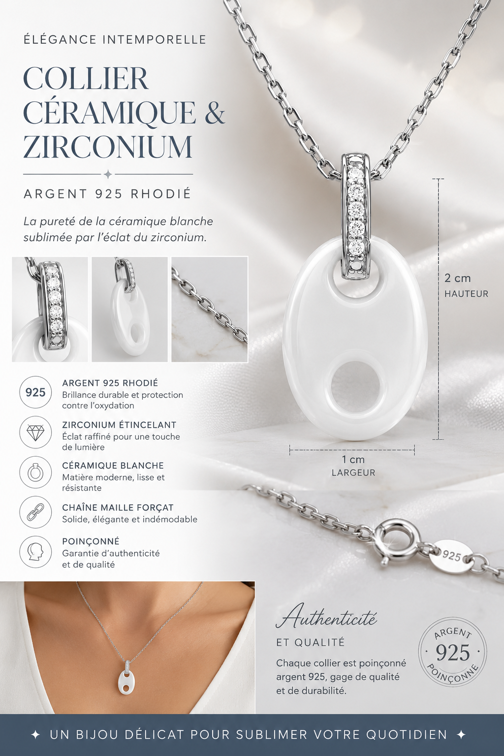 Collier Céramique Blanche & Argent 925 Rhodié