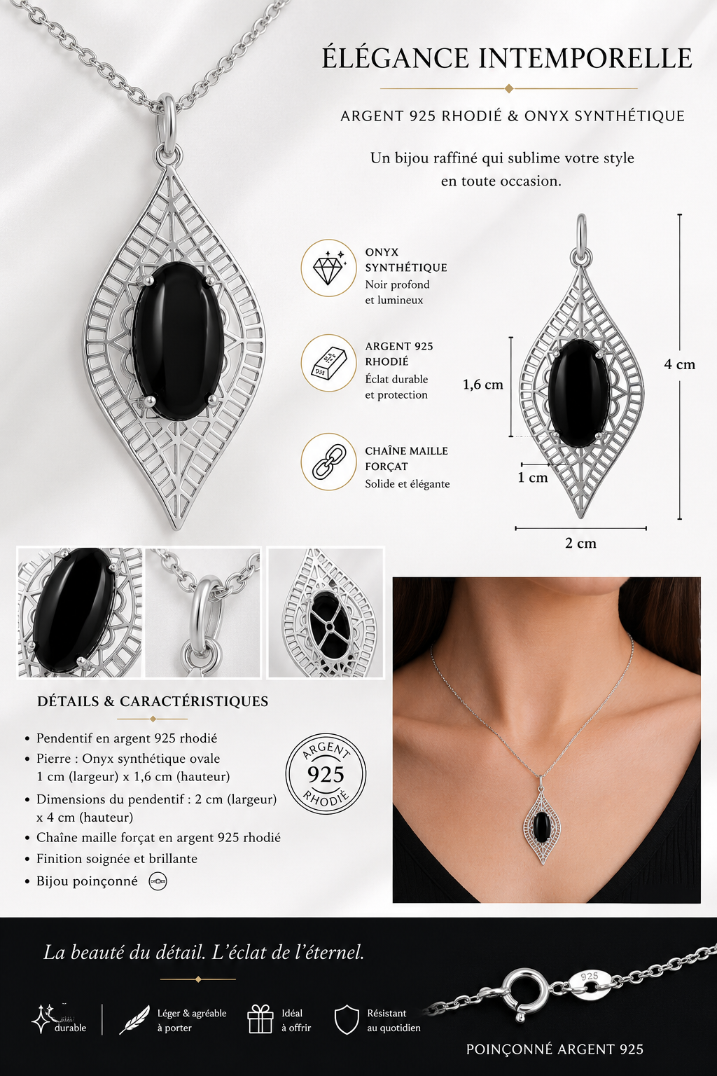 Collier Onyx Noir & Argent 925 Rhodié