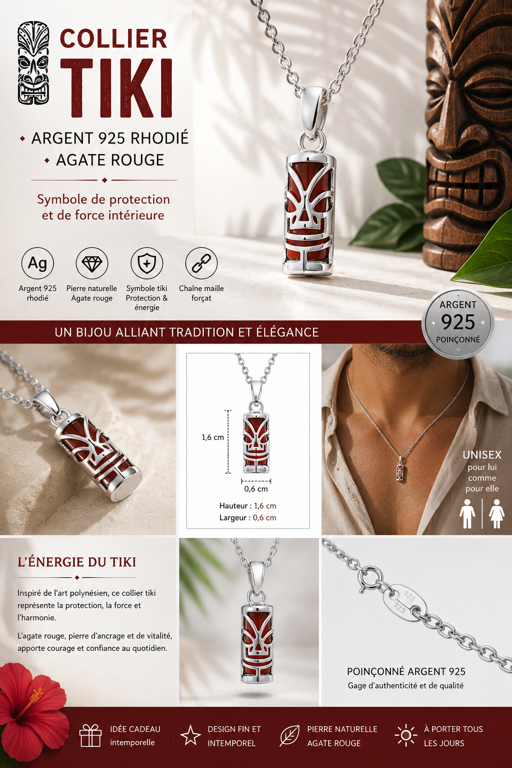 Collier petit Tiki en Argent 925 Rhodié & Agate rouge Naturelle – Unisexe