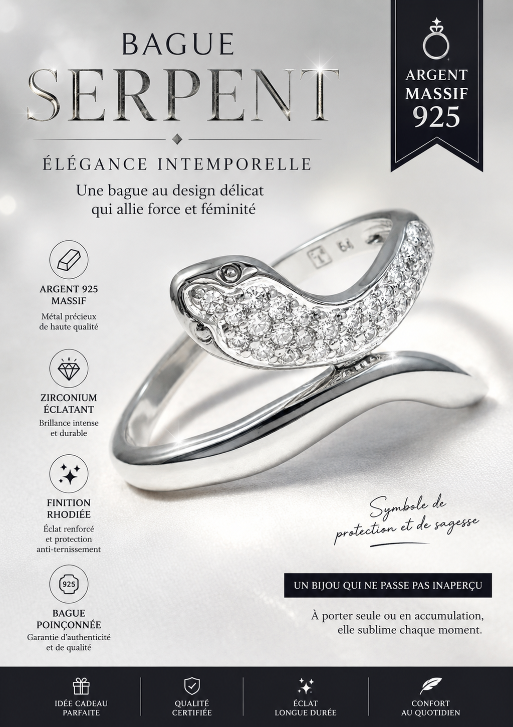 Bague Serpent Argent 925 Rhodiée & Zirconiums