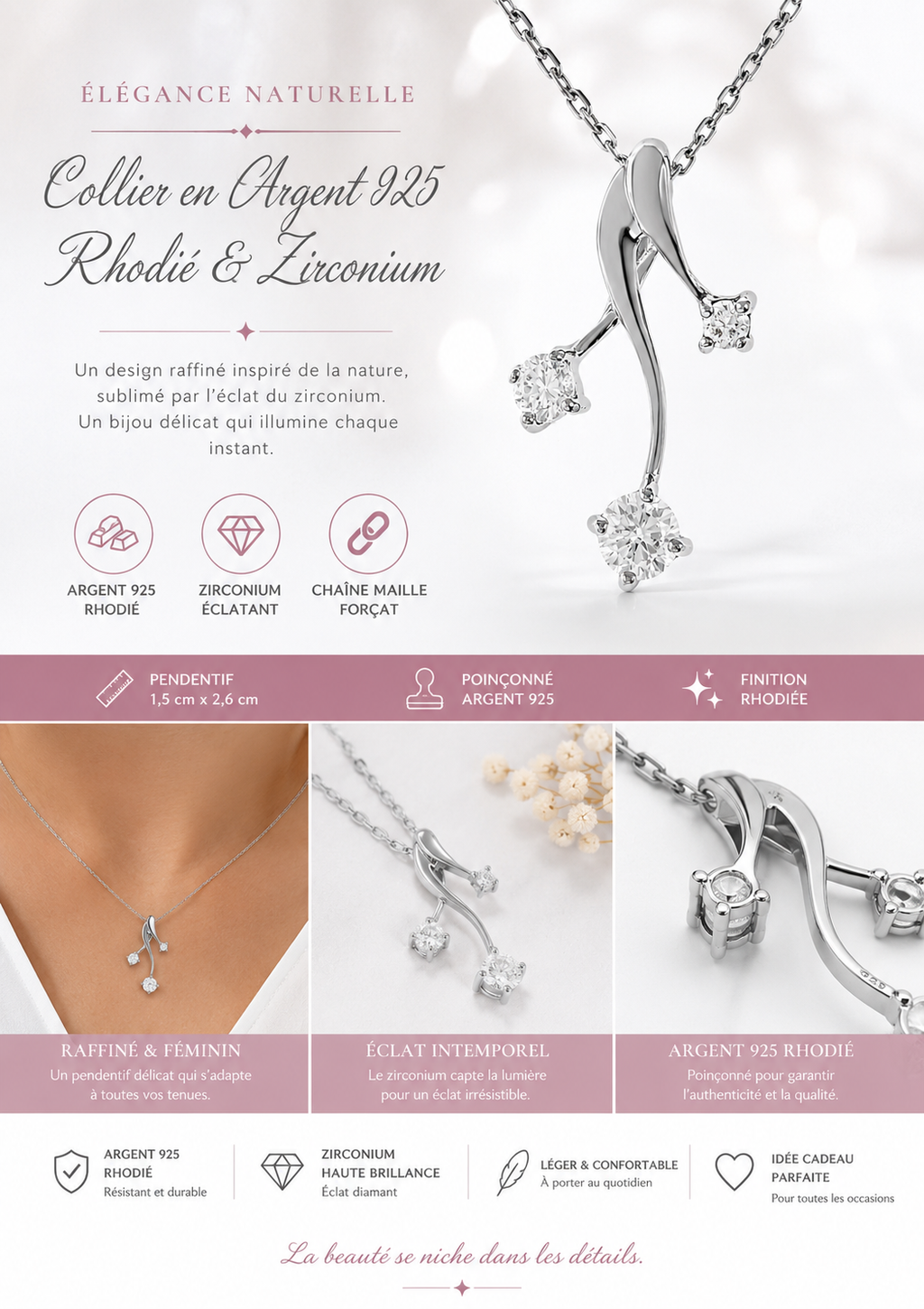 Collier Argent 925 Rhodié & Zirconiums Élégance Croisée