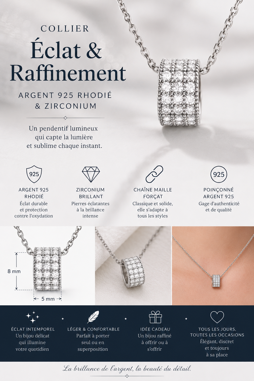 Collier Éclat Pavé – Argent 925 rhodié & Zirconiums