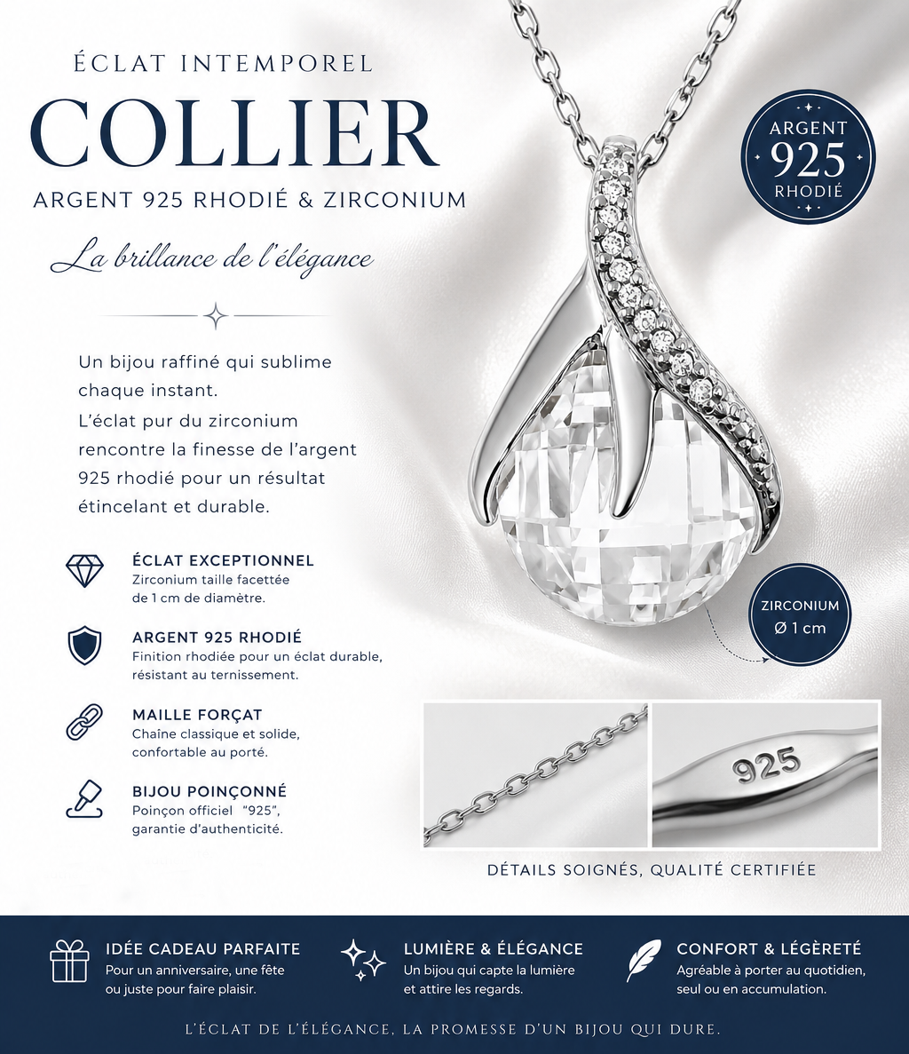Collier Goutte Éclat Argent 925 Rhodié & Zirconium