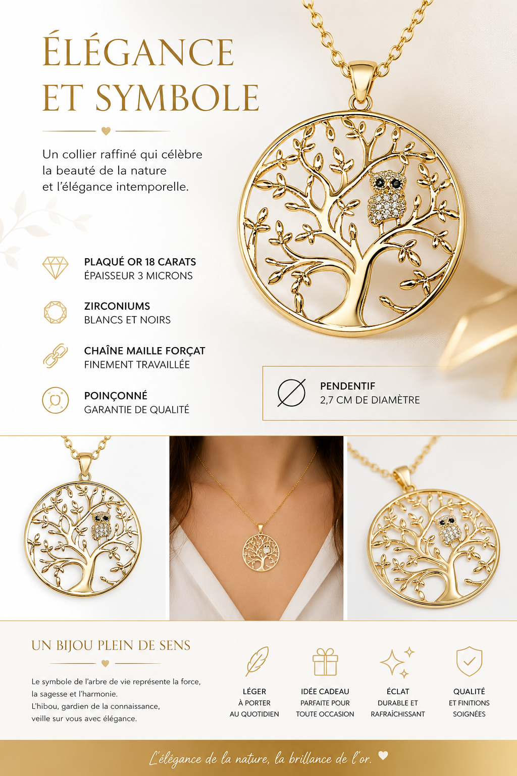 Collier Arbre de Vie & Hibou – Plaqué Or Jaune 18 Carats