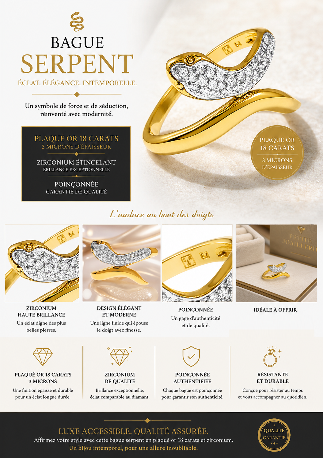 Bague Serpent – Plaqué Or 18 Carats & Zirconiums