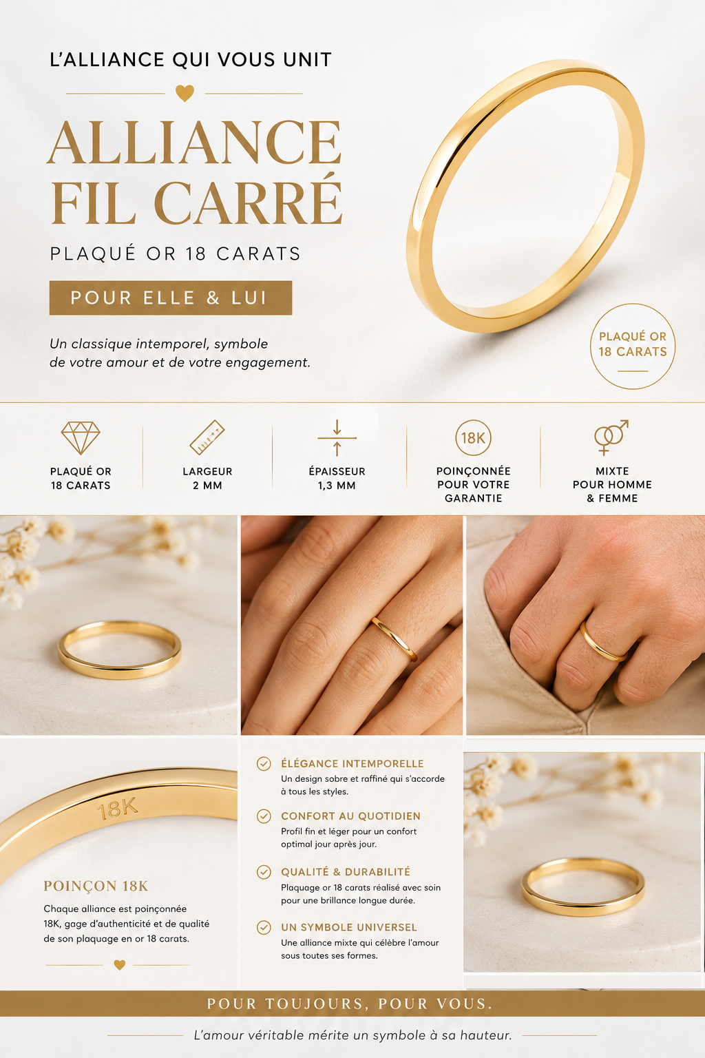 Alliance Fil Carré Plaqué Or 18 Carats – 2 mm