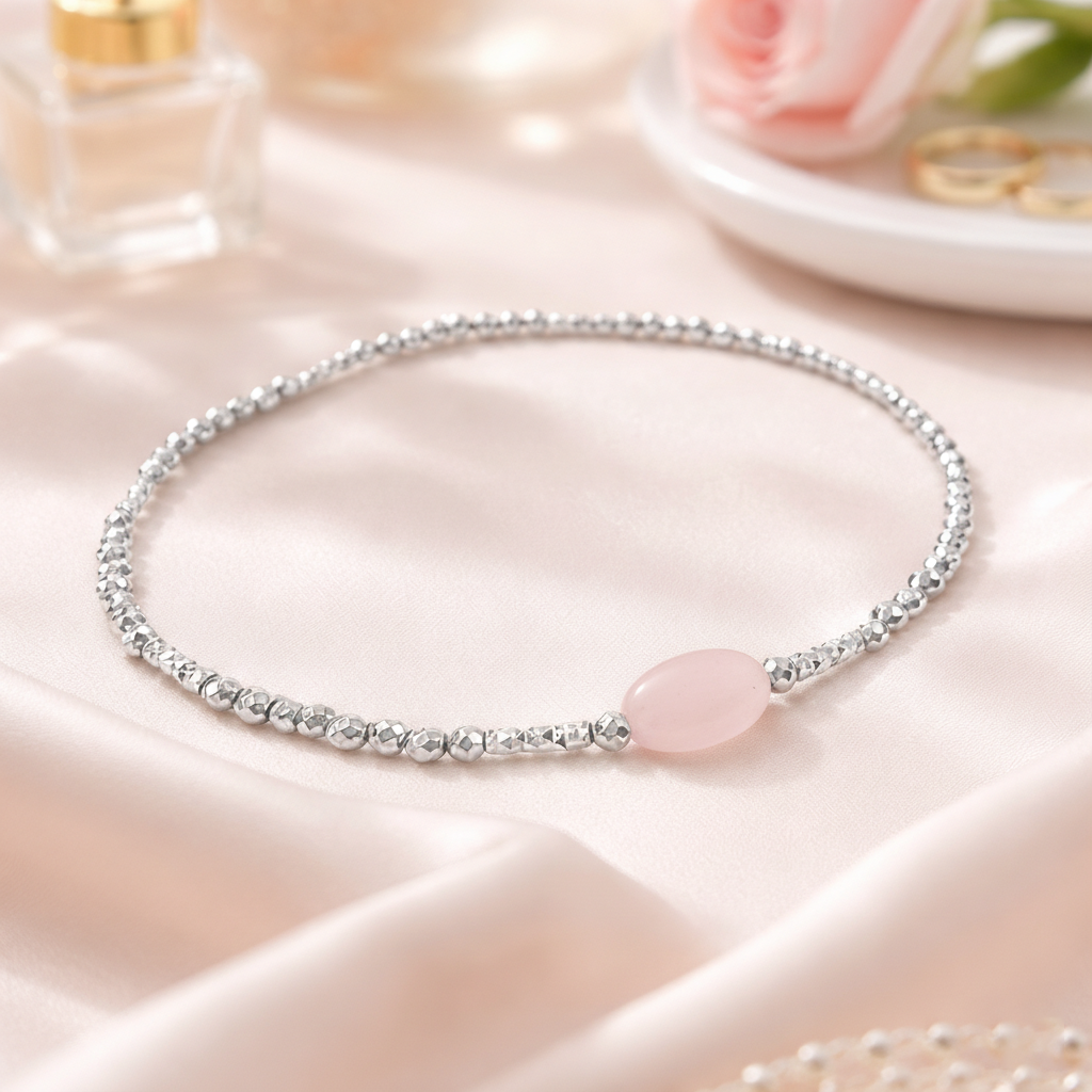 Bracelet en Argent 925 Rhodié & Quartz Rose