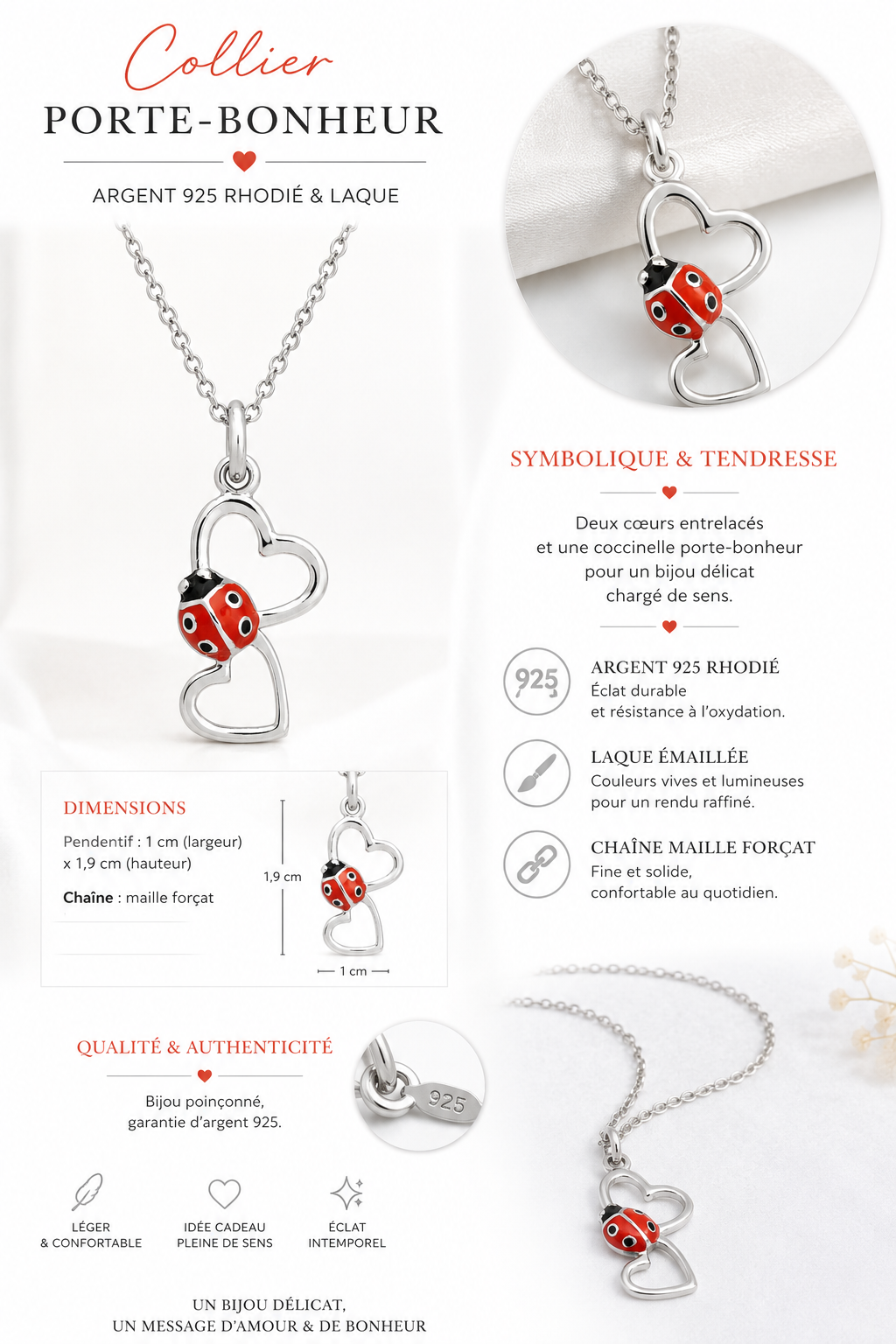 Collier Coccinelle 2 Cœurs en Argent 925 Rhodié & Laque Rouge