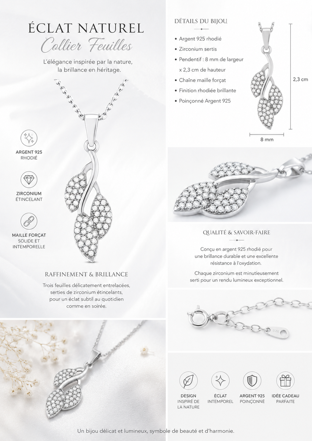 Collier Feuillage en Argent 925 Rhodié & Zirconiums