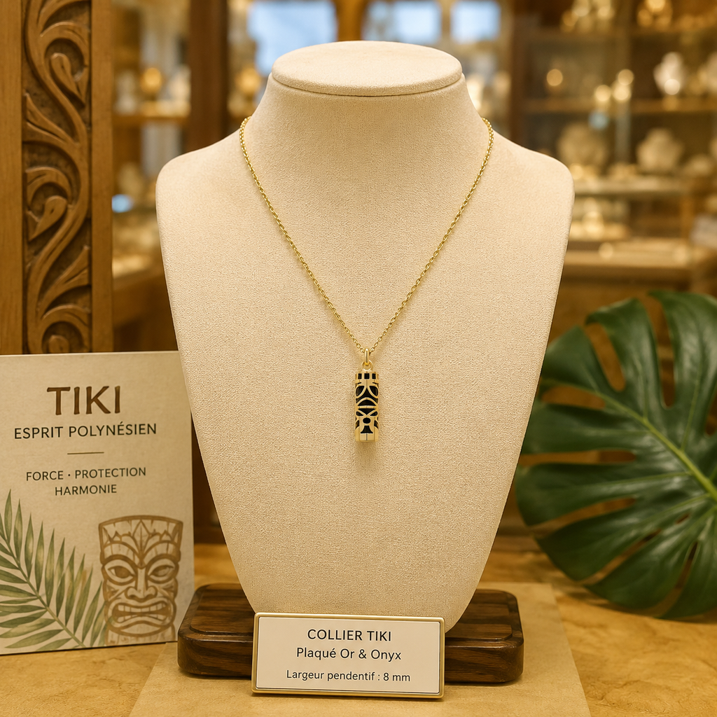 Collier Grand Tiki en plaqué or jaune 18 carats & onyx noir – Mixte