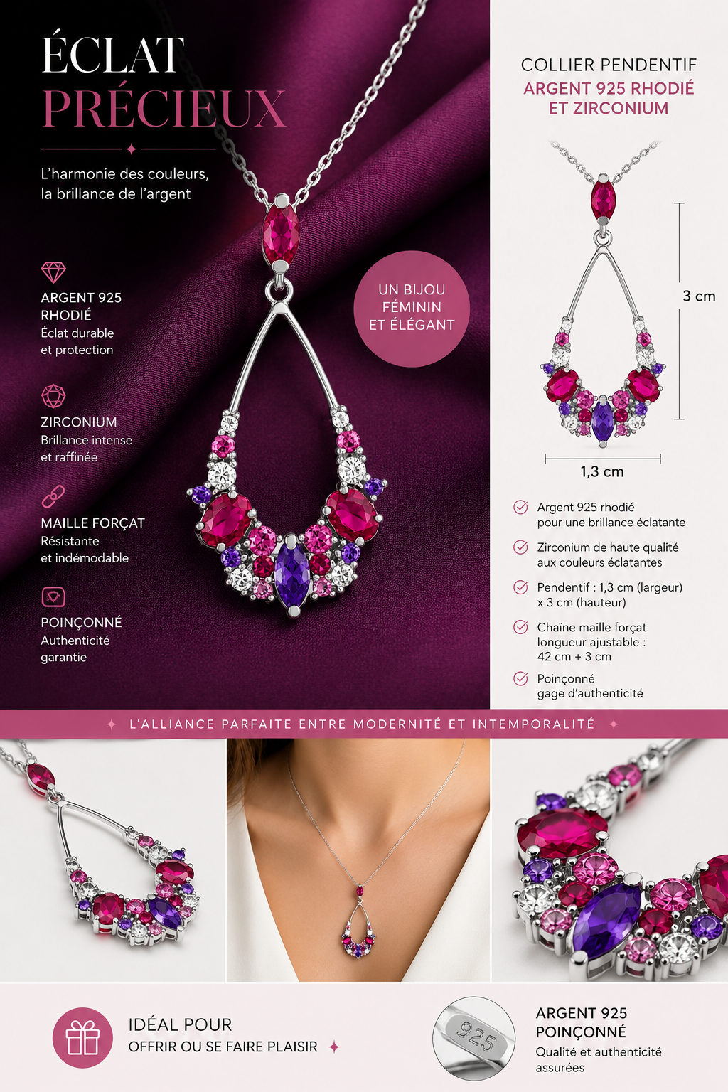 Collier Argent 925 Rhodié & Zirconiums Multicolores