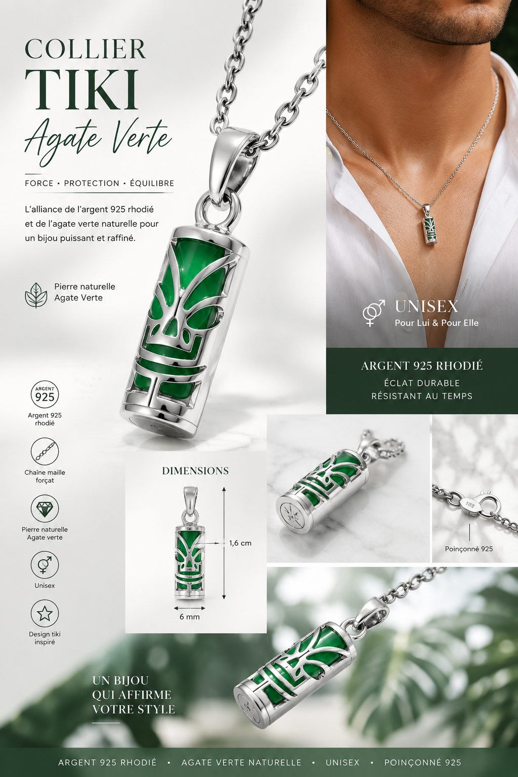 Collier petit Tiki en Argent 925 Rhodié & Agate Verte Naturelle – Unisexe
