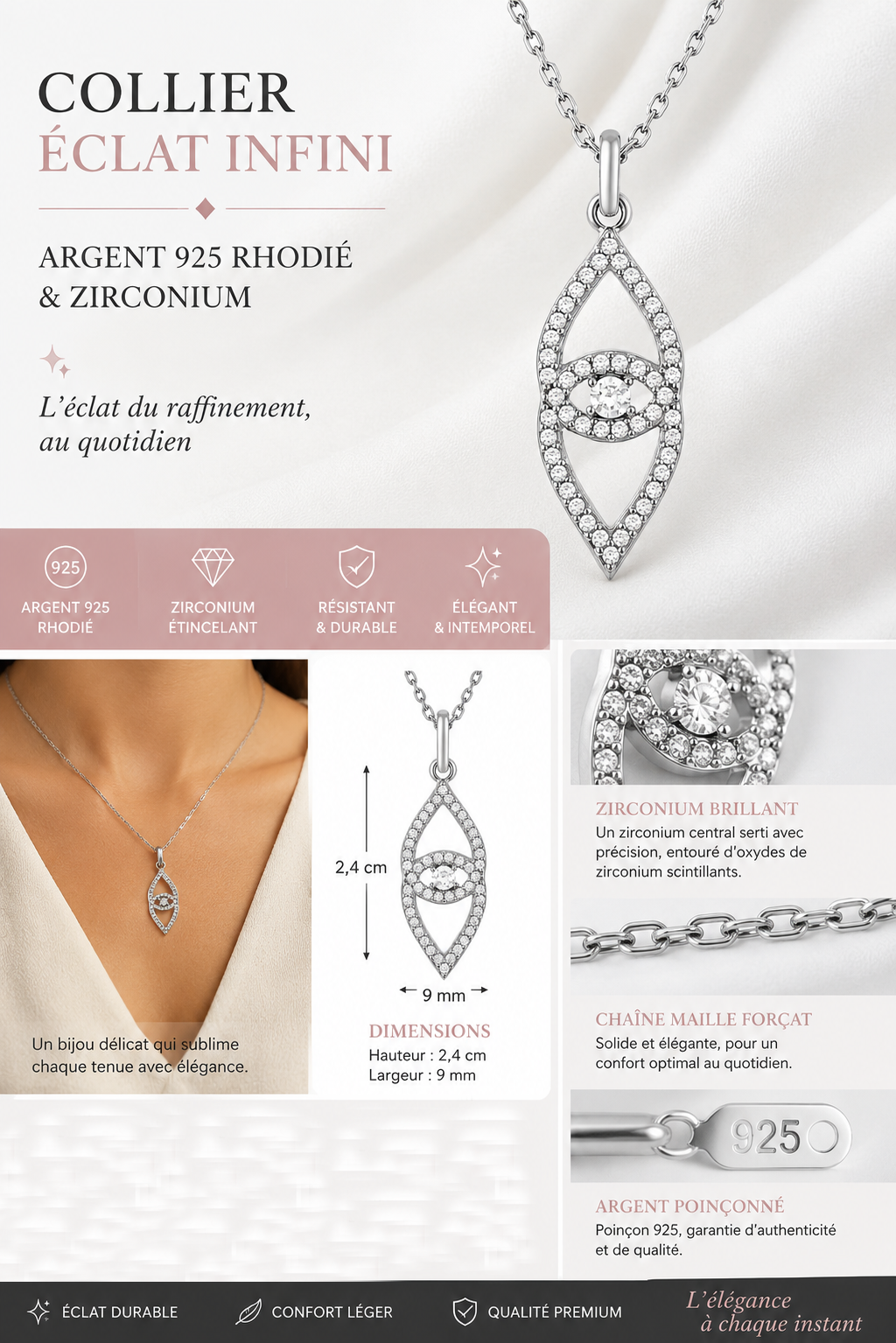 Collier Élégance Argent 925 Rhodié & Zirconiums