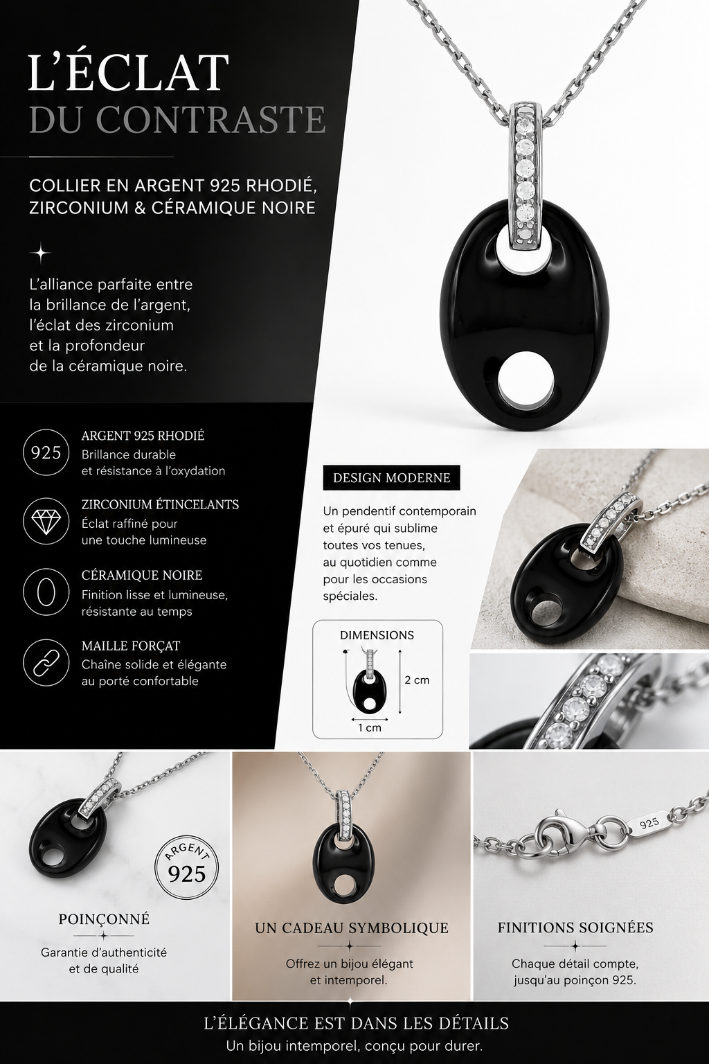 Collier Céramique Noire & Argent 925 Rhodié