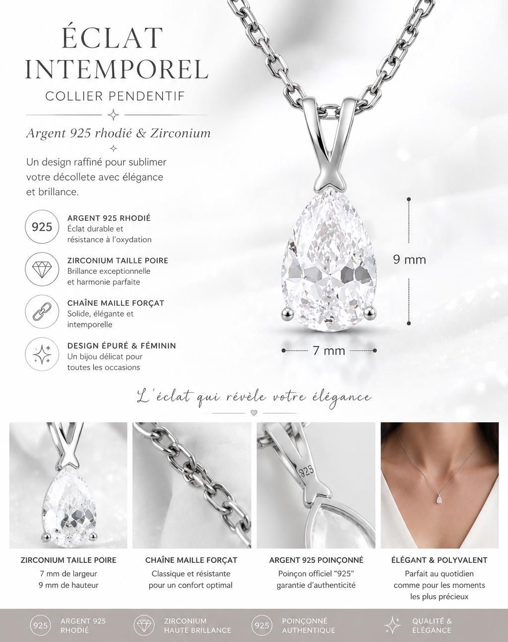 Collier Poire Éclat – Argent 925 Rhodié & Zirconium