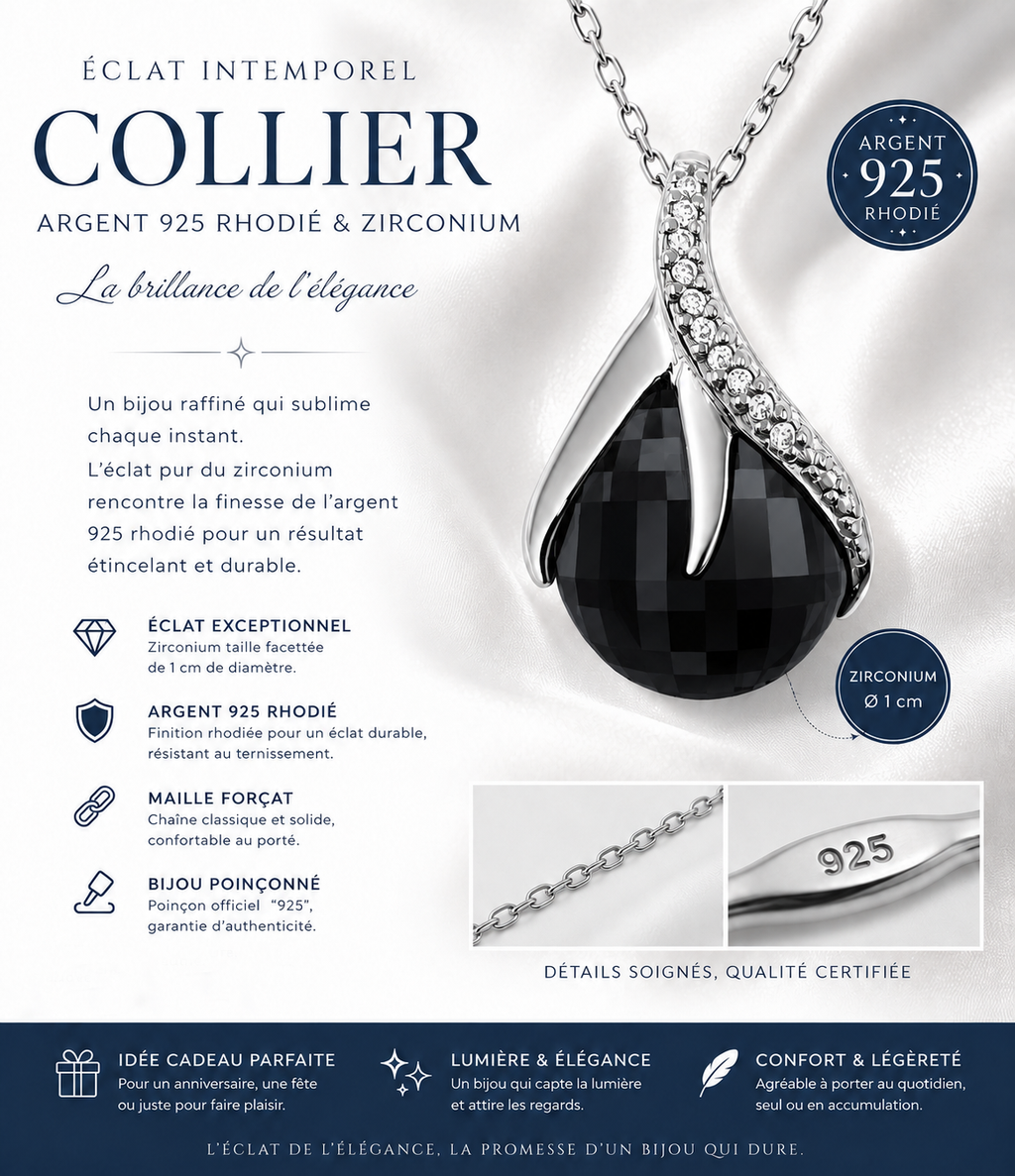 Collier Goutte Éclat Argent 925 Rhodié & Zirconium noir