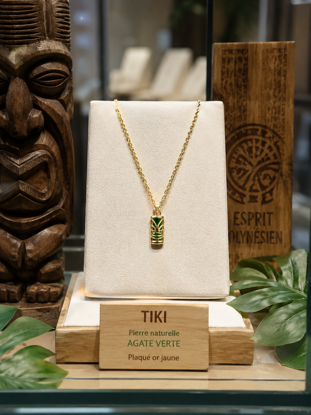 Collier Tiki en Plaqué Or 18 Carats & Agate Verte Naturelle