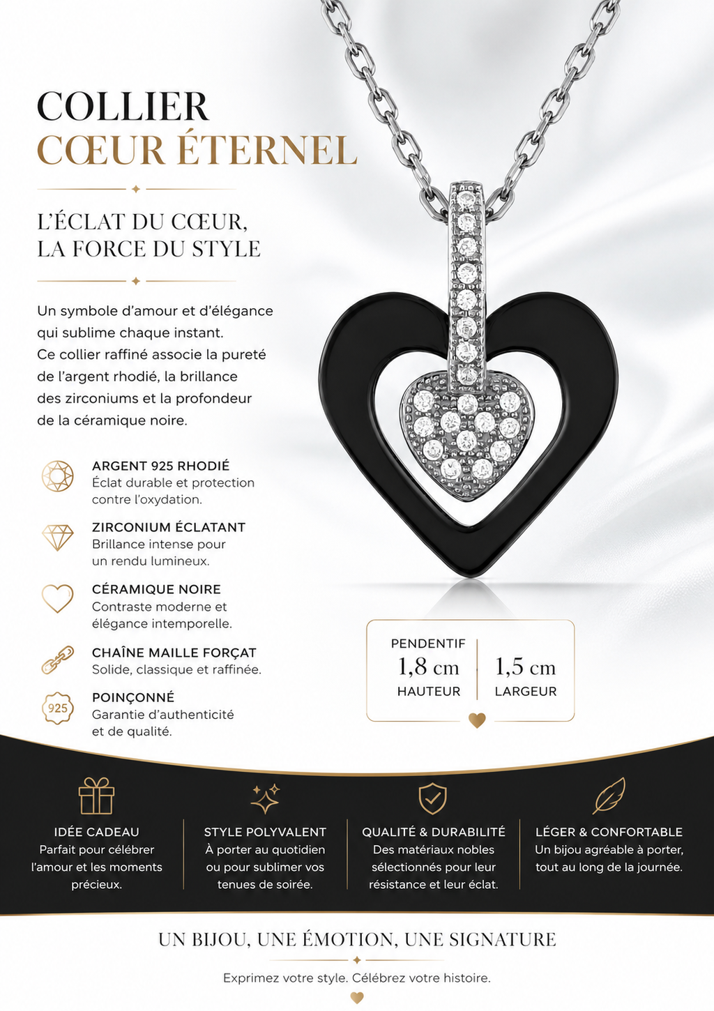 Collier Cœur Céramique Noire & Argent 925 Rhodié